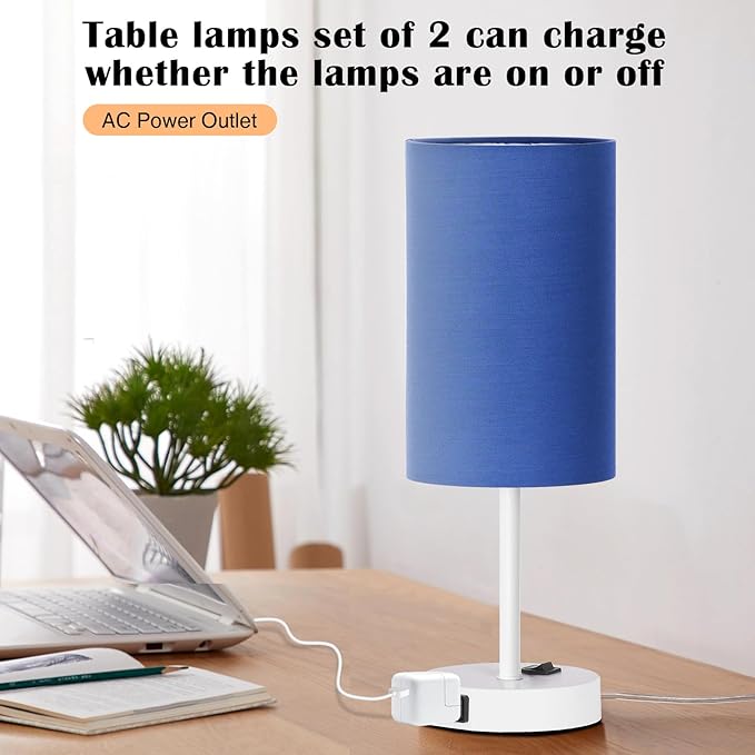 ZJOJO Table Lamp for Bedroom Set of 2, Bedside Small Lamps with 3 Way Dimmable Rocker Switch and AC Outlet, Nightstand Desk Lamp with Blue Fabric Shade White Base for Living Room Home Decor Lights - Bloomnest