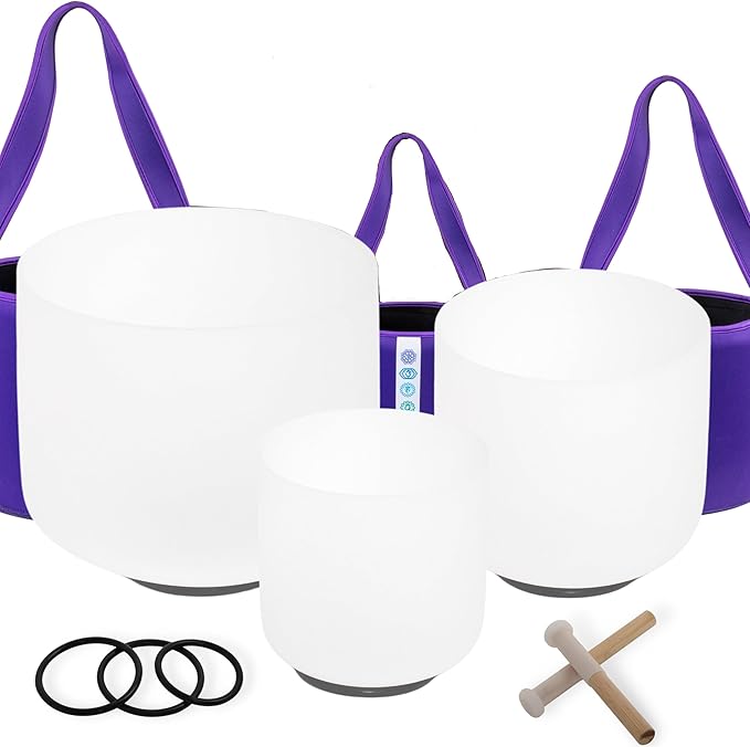 7inch 8inch 9inch Crystal singing bowls set sound bowl for healing Mindfulness, Meditation, Yoga, Spiritual and Body Healing Chakra Bowl (7F+8C+9A, 440hz 7-9"with soft bag)