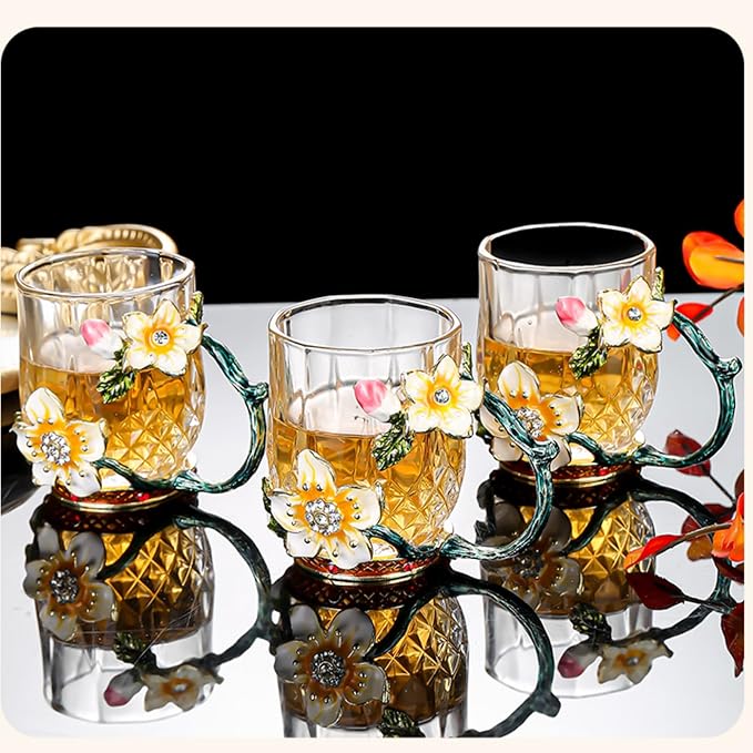 Enamel Crystal Lead-Free Glass Tea Cup, 4 Pack Vintage Tea Cups with Spoon Set 14oz/70ml Glass Coffee Mug, Valentines Gifts for Her Girlfriend Wife - Bloomnest