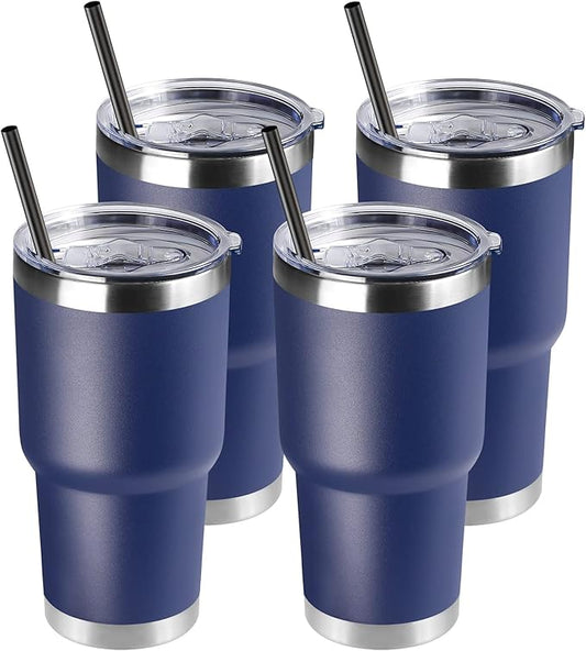 DOMICARE 30 oz Tumbler with Lid and Straw, Stainless Steel Tumblers Bulk, Insulated Vacuum Double Wall Travel Coffee Mug, Durable Powder Coated Tumbler Cups (Navy, 4)