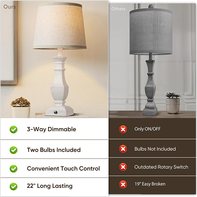 ROTTOGOON Dimmable Table Lamps Set of 2, Rustic Farmhouse Table Lamps for Living Room Bedroom, Bedside Desk Lamps for end Tables, Touch Lamps for nightstand, 9W Bulbs Included, 22", White - Bloomnest