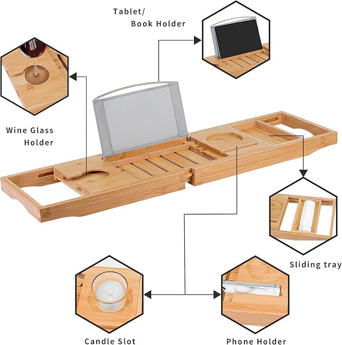 Utoplike Bamboo Bathtub Caddy Tray Bath Tray for Tub, Adjustable Bathroom Bathtub Organizer with Book Tablet Wine Glass Cup Towel Holder - Bloomnest