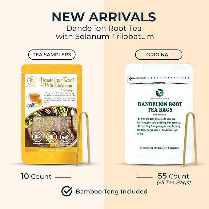 Dandelion Root Tea Samplers with Solanum Trilobatum - 10 Count, Bamboo Tong Included, Re-Steep Pure Herbal Tea Detox Blend for Strength Balance, Energy Support - Bloomnest