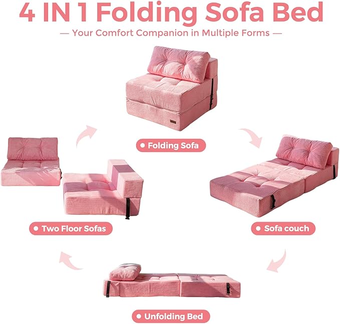 MAXYOYO Folding Sofa Bed, Convertible Sofa Bed with High-Density Support Foam, Portable 4 in 1 Fold Out Chair to Floor Lounger, Versatile Floor Couch for Living Room Bedroom, Pink - Bloomnest