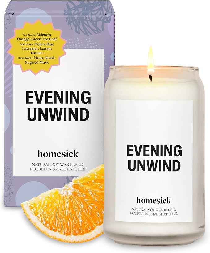 Homesick Scented Candles for Home (Evening Unwind) - 13.75 oz Long-Lasting Natural Soy Wax Blend Jar Candle Gifts for Women & Men, 60-80 Hours Burn Time - Notes of Valencia Orange, Melon & Moss - Bloomnest