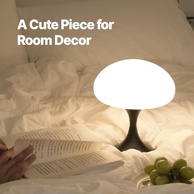 Mushroom Lamp, 5W LED Cordless Rechargeable Table Lamp with Glass Shade, Small Retro Dimmable Touch Light with 3 Color Temps, Aesthetic Mid Century Bedside Light for Bedroom Ambient, Black - Bloomnest