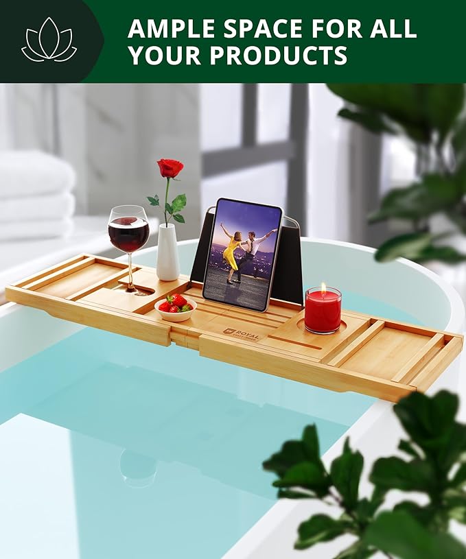 ROYAL CRAFT WOOD Bathtub Tray Caddy for Tub, Bamboo Bath Shelf, Premium Foldable Wood Bath Table, Expandable Bathtub & Bathroom Accessories, New Home Gifts for Mom, Housewarming, Anniversary, Wedding - Bloomnest