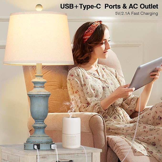 25.6" Coastal Table Lamps Set of 2 with USB C+A Ports & AC Outlet for Rustic Living Room Retro Bedroom,3-Way Dimmable Touch Lamp Bedside Lamps for Nightstand Side End Table,Retro Blue - Bloomnest