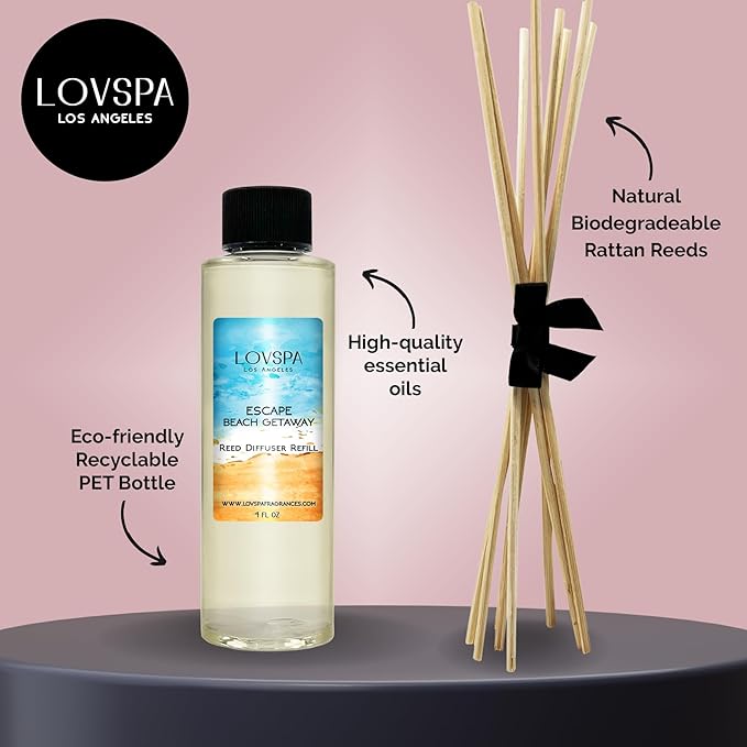 LOVSPA Escape Beach Getaway Diffuser Oil - Luxury Essential Oils for Diffuser Refill & Air Freshener Room Spray - Long-Lasting & Natural Home Fragrance, Scented Oil for Diffusers, USA Made, 4oz - Bloomnest