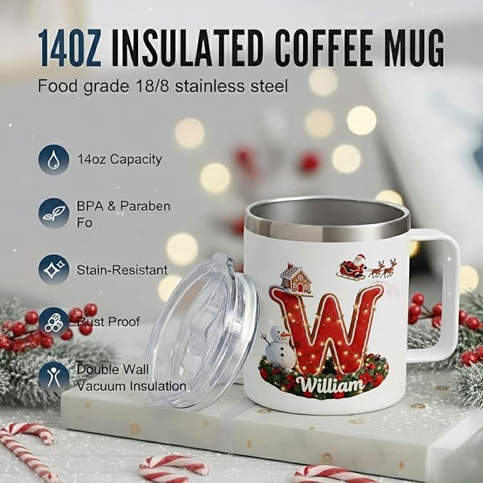 Personalized Christmas Mug | Custom Gingerbread Village Initial Insulated Cup with Handle & Lid | 12oz Holiday Tumbler, Cute Santa & Snowman Gift for (B35) - Bloomnest