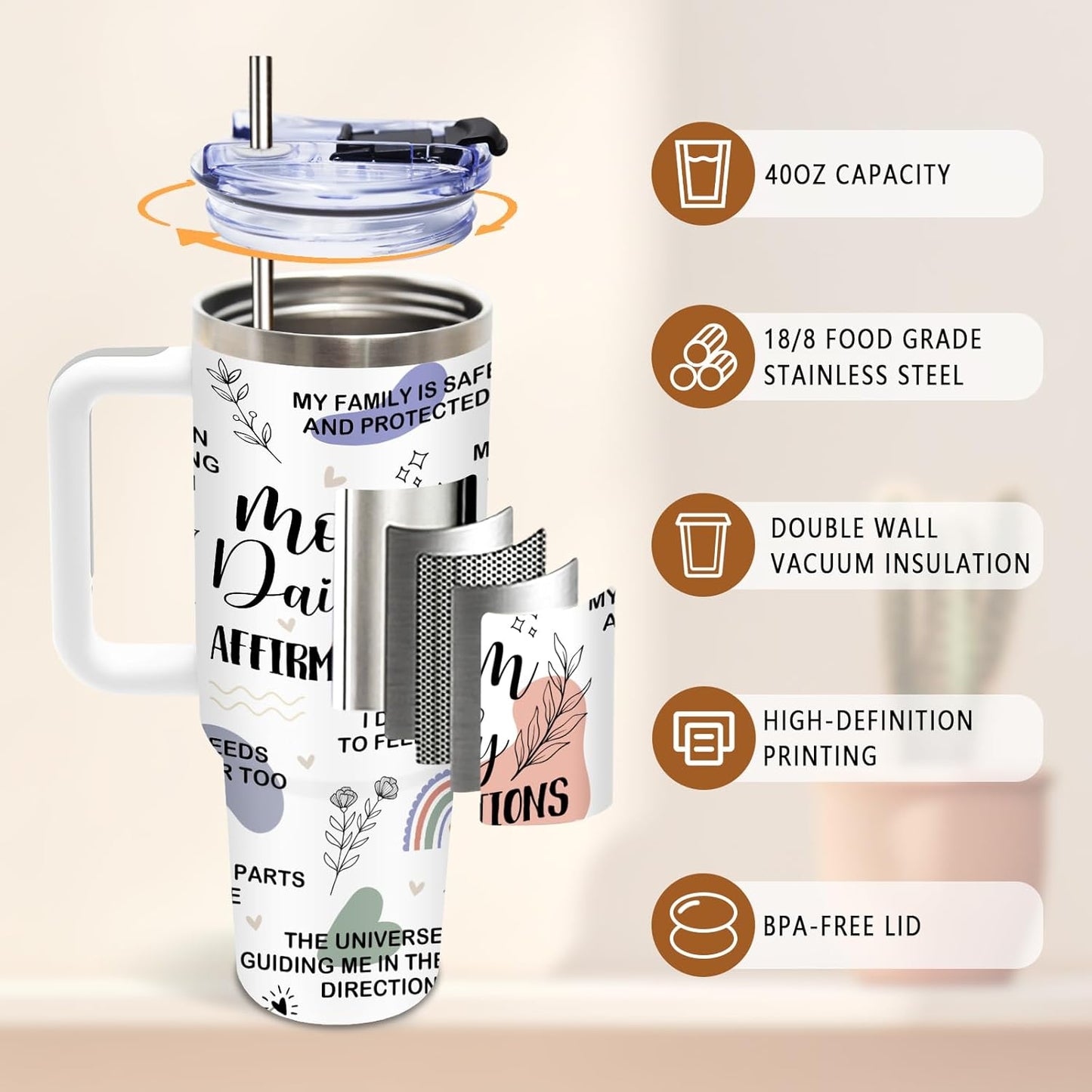 DUUV Mom Daily Affirmations Tumbler 40 Oz, Inspirational Gifts for Mom Wife from Son Daughter Husband, Expecting Moms Gifts for Mom's Birthday, Mommy Coffee Cup for Christmas Thanksgiving, 1PCS