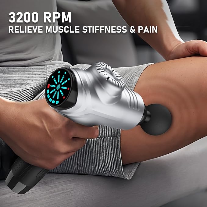 RAEMAO Massage Gun, Handheld Electric Deep Tissue Muscle Massager for Athletes for Pain Relief Attaching 8 Replacement Heads, Percussion Massager with 10 Speeds, Father's Day Gifts, Silver - Bloomnest