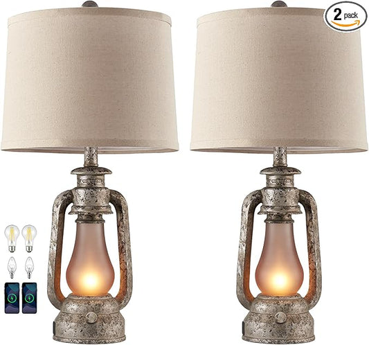 RORIANO Farmhouse Rustic Table Lamps for Living Room Set of 2,Vintage Lantern Table Lamp with Dual USB Ports, 25" Tall Retro Bedside Lamp for Bedroom Nightstand, 4 Bulb Included (Iron Gray) - Bloomnest