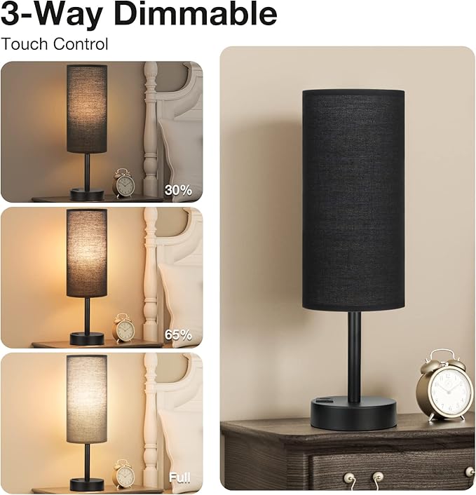 Black Touch Nightstand Lamps for Girl - Small Bedside Lamp with USB-C and USB Charging Ports, 3 Way Dimmable Control Table Lamp for Living Room Office, Dorm, Reading with Fabric Shade Black Base - Bloomnest