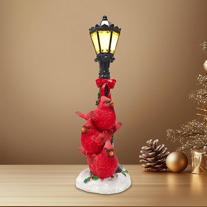 Christmas Red Bird Statue for Holiday Decor, Resin Cardinal Figurine with LED Lamppost, Indoor Glowing Lamppost, 14.57'' Resin Cardinal Christmas Decoration - Bloomnest