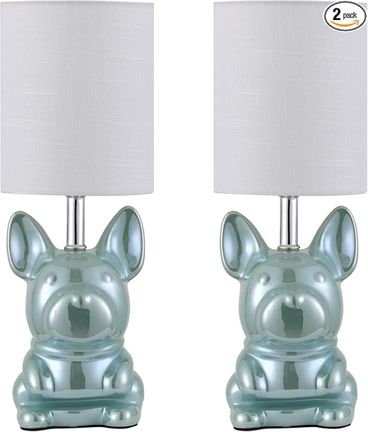 Set of 2 Ceramic Table Lamp, Puppy Shape Desk Lamp Cute Bedside Lamp for Nightstand, Living Room, Bedroom, Gifts for Kids Girls, 4W LED Bulb Included, Blue - Bloomnest