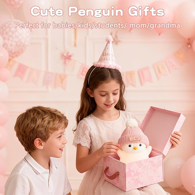Penguin Night Light, Cute Pink Penguin Lamp with Knit Hat, Soft Silicone Nursery Nightlight for Baby, Rechargeable/Dimmable/Timer,LED Squishy Novelty Animal Bedside Lamp,Funny Gifts for Kids - Bloomnest