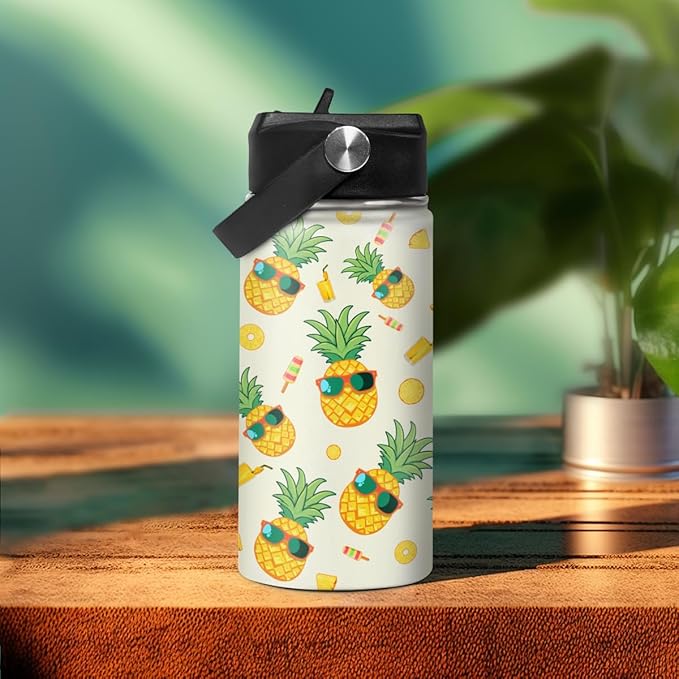 Kids Water Bottle Pineapple Water Bottles 12oz with Straw Insulated Stainless Steel Travel School Tumbler Double Wall Vacuum Cup for Girls Kid Boys - Bloomnest