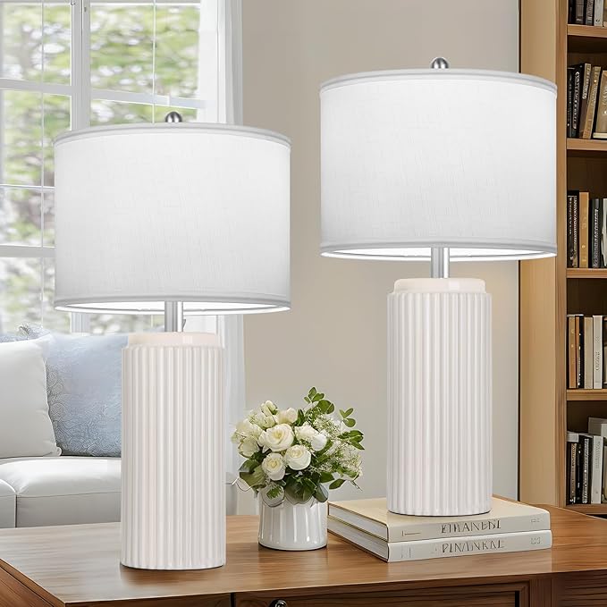 23.5’’ Beige Modern Ceramic Table Lamps Set of 2 for Living Room, Farmhouse Bedside Lamps with Upgraded White Linen Shade, Rustic Nightstand Lamps for Bedroom Home Office, Vintage End Table Dorm - Bloomnest