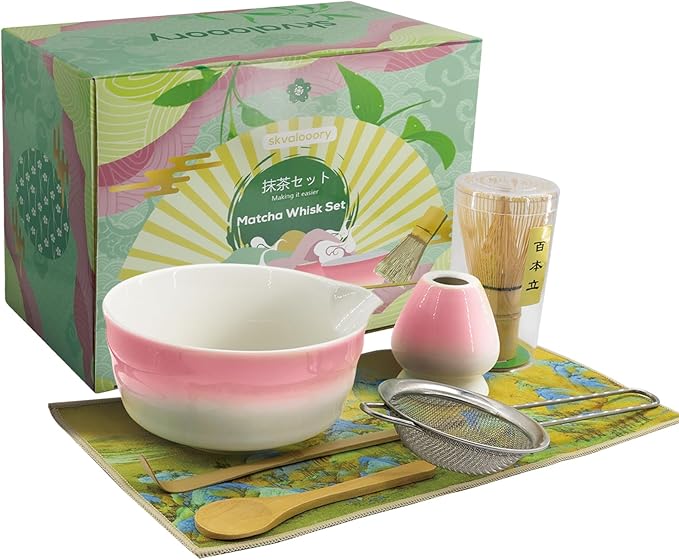 Matcha Whisk Set, 7-Pcs Matcha Set Includes Gradient Ceramic Matcha Bowl and Chasen Holder, Bamboo Whisk, Stainless Sifter, Teaspoon, Tea Towel, Spoon, Matcha Kit for Tea Lovers (Pink) - Bloomnest