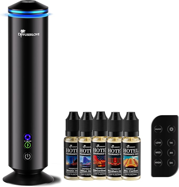 Diffuserlove Full Metal Body Waterless Scent Diffuser with 5 Hotel Scent Oils Hotel Collection Diffuser Waterless Aromatherapy Essential Oil Diffuser UP to 2000 Sq Ft Coverage for Home Office