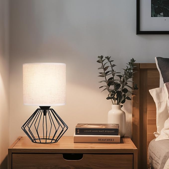 Hamilyeah Bedside Lamps Set of 2, Black Table Lamps with Beige Linen Fabric Shade, Industrial Lamps for Night Stands with On/Off Switch, Modern Simple Desk Lamps for Bedroom, Living Room - Bloomnest