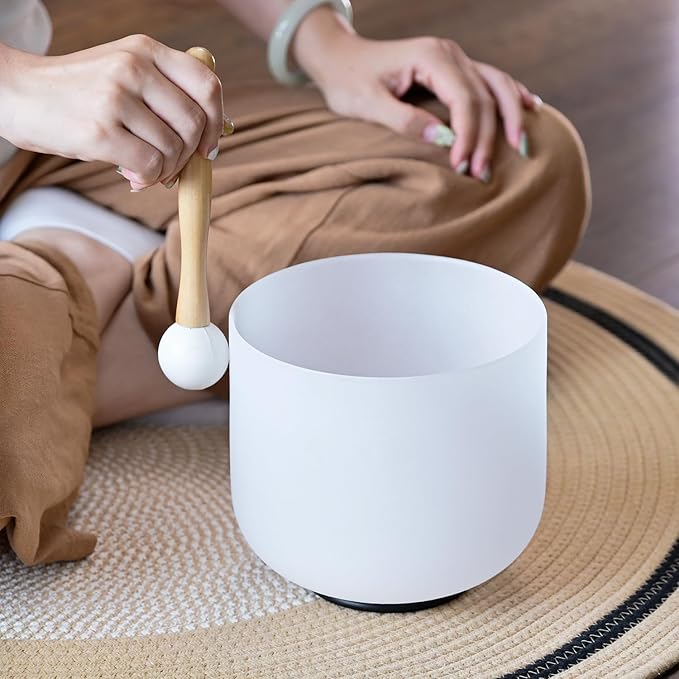 432HZ 7 Inch F Note Heart Chakra Frosted Quartz Crystal Singing Bowl Meditation Therapy Sound Healing Bowl with Mallet O-ring and White Carry Bag - Bloomnest