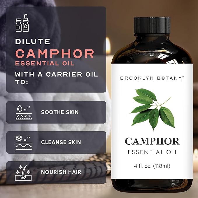 Brooklyn Botany Camphor Essential Oil - Huge 4 Fl Oz - 100% Pure and Natural - Premium Grade with Dropper - for Aromatherapy and Diffuser - Bloomnest