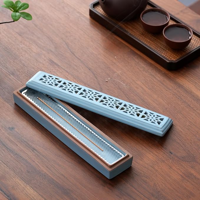CEREMONY Incense Holder,Ceramic Incense Holder for Sticks with Ash Catcher,Coffin Style Incense Box,Incense Burner for Meditation Yoga Spa Room Decor(Blue)