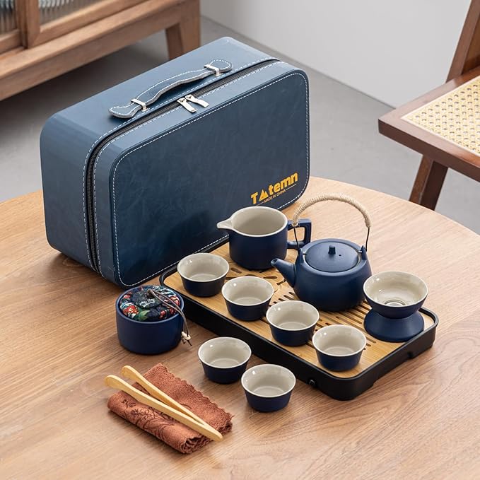 Travel tea set,Portable ceramic tea set,Chinese tea set,Tea sets for adults,Tea pot sets,Portable Travel Bag,Home,Gifting,Outdoor and Office,茶具 (Blue) - Bloomnest