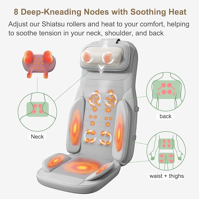 Rainwolf Shiatsu Neck and Back Massage Cushion with Heat - 4D Deep Tissue Kneading Full-Back Massager for Relief Stress, Adjustable Intensity & Height, for Office Chair & Home - Bloomnest