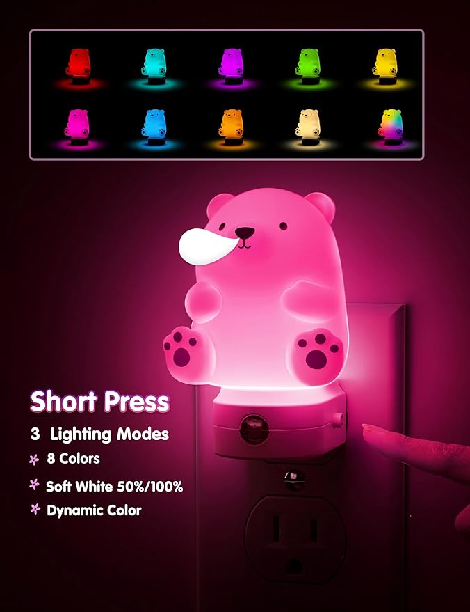 L LOHAS LED Night Light for Kids, 3D Cute Bear Night Light Plug in, Dusk to Dawn Nursery Night Lights, RGB+Soft White 3000K, 3 Lighting Modes, Christmas Birthday Gifts, Room Decor, Children - Bloomnest
