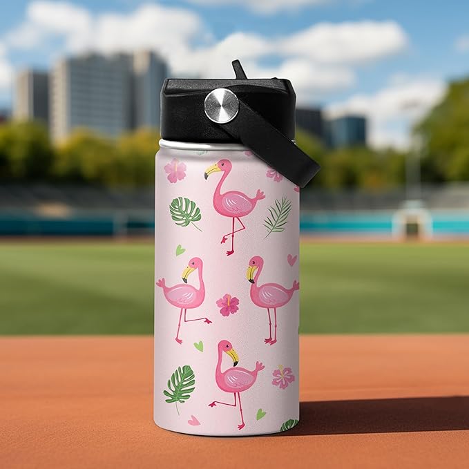 SANDJEST Kids Water Bottle Flamingo Water Bottles 12oz with Straw Insulated Stainless Steel Travel School Tumbler Double Wall Vacuum Cup for Girls Kid - Bloomnest