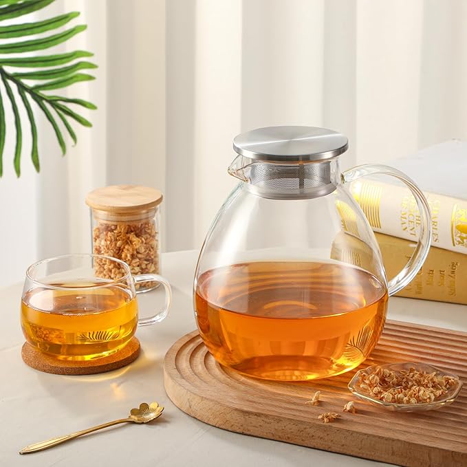 68OZ/2000ML One Touch Glass Teapot with Stainless Steel Filter Lid, Stovetop & Microwave Safe Tea Maker Water Kettle, Strainer & Cover 2 in 1 Loose Leaf Tea Steeper Pot Coffee Carafe - Bloomnest