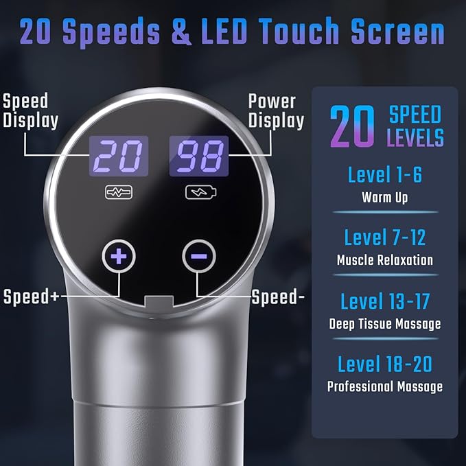 Massage Gun, Muscle Massage Gun Deep Tissue Back Massager for Pain Relief, 20 Speeds Handheld Electric Massager Tool with Silent Brushless Motor, Suitable for Gym Office Home Travel (Silver Grey) - Bloomnest