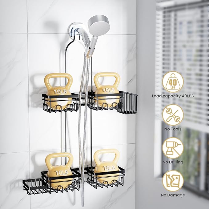 KEGII Shower Caddy Hanging for Handheld Showerheads, Rustproof Hanging Shower Organizer with Soap Dish, Toothbrush Holder and Hooks, Over Showerhead Caddy for Bathroom - Bloomnest