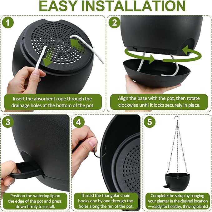 WOUSIWER Self Watering Hanging Planters, 2 Pack 10'' Plastic Pots with Drainage Holes & Reservoir Tray (Black) | Indoor & Outdoor Use for Ferns, Ivy, Herbs, Succulents - Bloomnest
