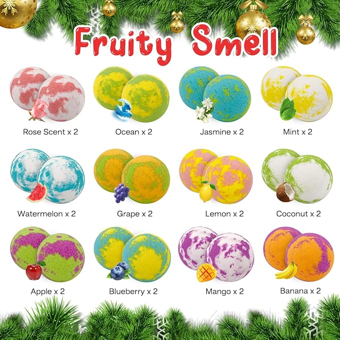 Advent Calendar 2025, 24 Piece Christmas Bath Bombs for Kids, 24 Days of Surprise Bath Bombs for Kids with Christmas Themed Jewelrys Inside