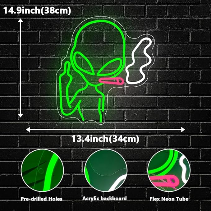 Alien Neon Sign, LED Neon Light Signs for Wall Decor Green Alien Light Up Sign Lamp for Bar Bedroom Pub Man Cave Birthday Gift Dimmable USB Powered(14.9"*13.4") - Bloomnest