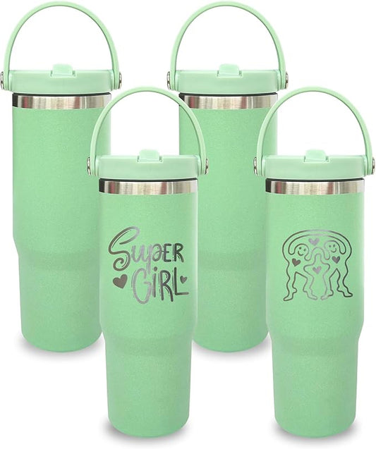 30 oz Tumbler Bulk with Top Handle, Double Wall Vacuum Insulated Tumbler with Flip Straw, Travel Coffee Mug 30oz Powder Coated Cup for Laser Engraving (Green,4 pack)