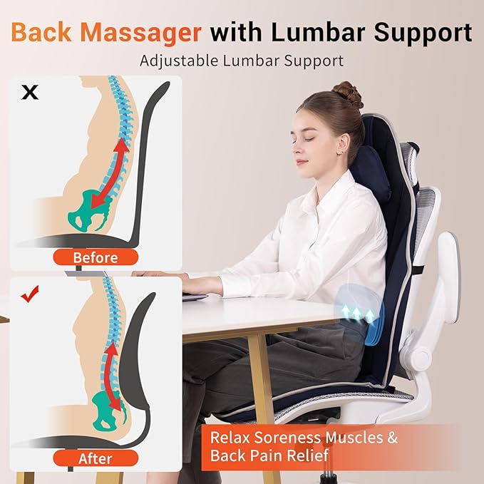 SLOTHMORE Back Massager with Heat, Seat Massager for Full Back with 8 Vibrating Motors and 2 Heat Levels, Chair Massager for Office/Home - Bloomnest