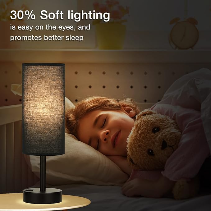 Black Touch Nightstand Lamps for Girl - Small Bedside Lamp with USB-C and USB Charging Ports, 3 Way Dimmable Control Table Lamp for Living Room Office, Dorm, Reading with Fabric Shade Black Base - Bloomnest