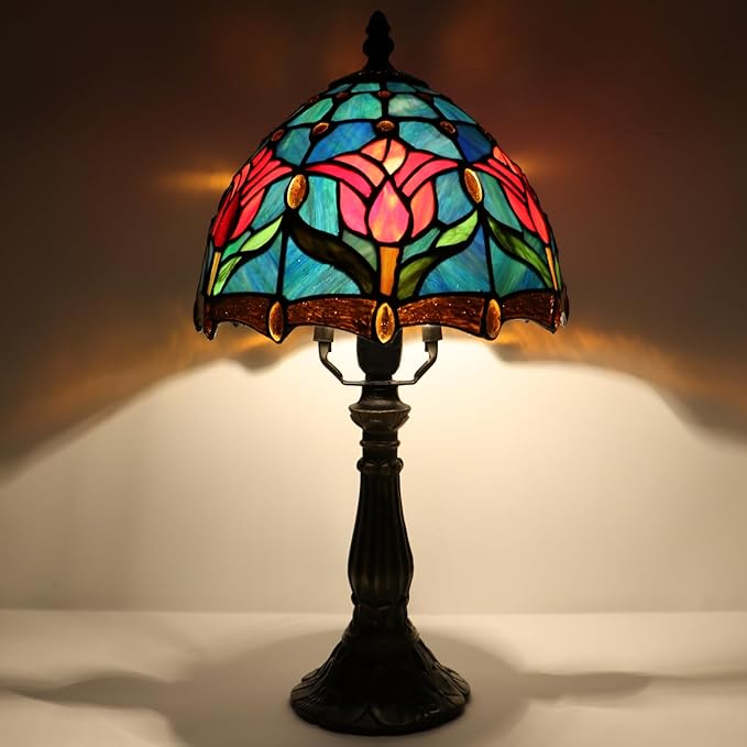 Small Tiffany Lamp Mini Accent Table Lamp Stained Glass Desk Memory Lamp Sympathy 8X14.5 Inch (Tulip Style) - Bloomnest