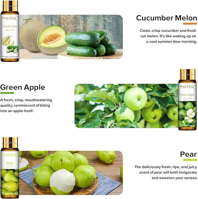 PHATOIL 9PCS Fruit Fragrance Oil Set for Soap Making Diffusers, 10ml/0.33fl.oz Cucumber Melon, Coconut & Vanilla, Peach, Pear, Green Apple, Blueberry, Apple, Fig, Lemon Fragrance Oil Essential Oils - Bloomnest