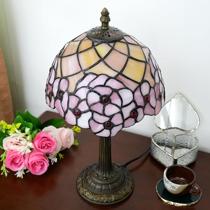 Tiffany Lamp Stained Glass Table Lamp 8X8X14 Inches Desk Reading Light Decor Beside Bedroom Living Room Home (H-1055- Cherry Blossom) - Bloomnest