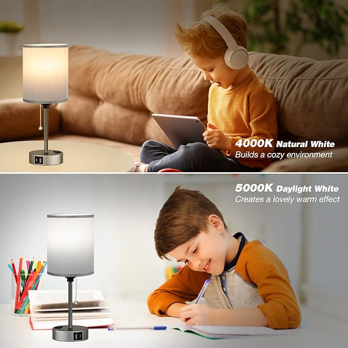 Small Bedside Table lamp for Bedroom - 3 Color Temperatures Bedside Lamps with USB Ports for Housewarming, Pull Chain Table Lamps with AC Outlet, Nightstand Lamps for Kids Reading - Bloomnest