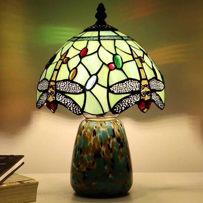 Tiffany Mushroom Table Lamp Dragonfly Style Grass Green Stained Glass Accent Lamp Brown Blue Glass Base 8X8X12 Inch - Bloomnest