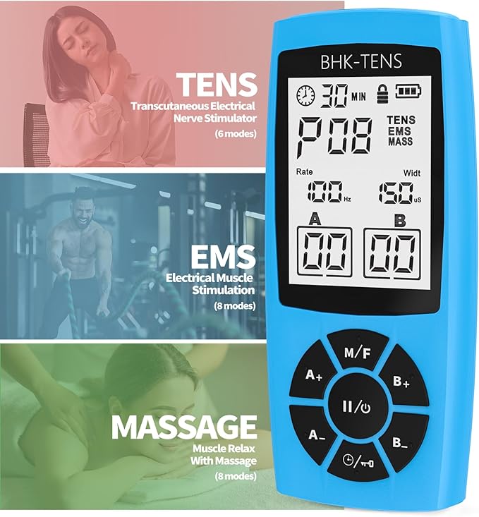 Rechargeable TENS Unit Machine for Pain Relief Therapy, Electronic EMS Muscle Stimulator for Shoulder Pain Relief, TENS&EMS Stimulator for Back Pain, Shoulder Neck Pain Relief, Sciatica Pain, Blue BHKTENS