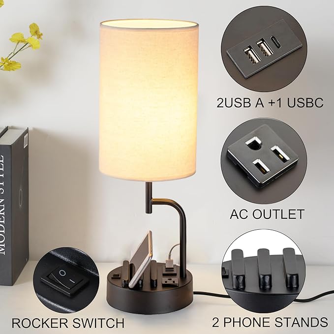 Dreamholder Table Lamp with 3 USB Charging Ports, Modern Desk Lamp with AC Outlet and Phone Stands, Perfect Bedside Lamp for Bedroom, Living Room, Office (Pack of 2), Cream - Bloomnest