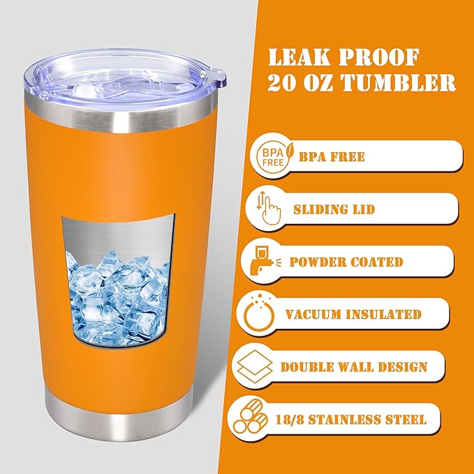 20 oz Tumbler with lid Double Wall Vacuum Insulated Tumblers Stainless Steel Coffee Mug Travel Coffee Tumbler Powder Coated Tumbler Cup Keep Hot&Cold - (Orange 6 Pack)